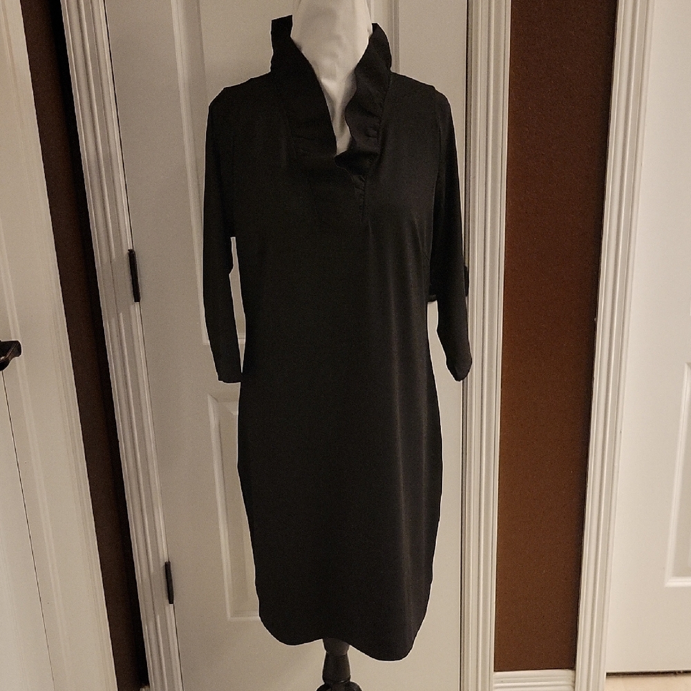 Gretchen Scott Designs Black Ruffle Collar Long Sleeve Shift Dress